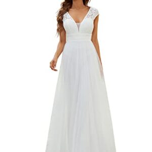 Ever-Pretty Women's Cap Sleeve Lace A-line V-Neck Long Evening Dress for Wedding Party White US8