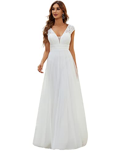 Ever-Pretty Women's Cap Sleeve Lace A-line V-Neck Long Evening Dress for Wedding Party White US8