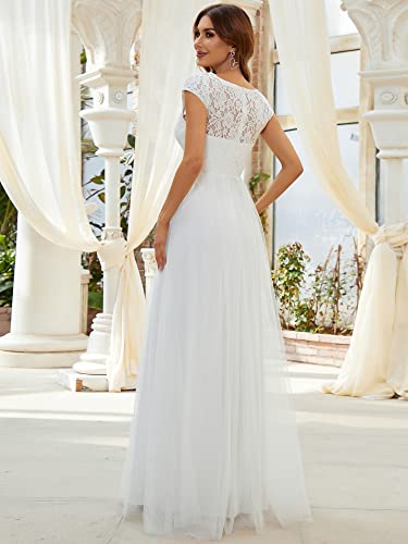 Ever-Pretty Women's Cap Sleeve Lace A-line V-Neck Long Evening Dress for Wedding Party White US8