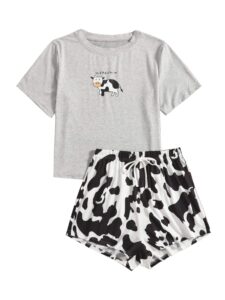 soly hux women's cute cartoon print sleepwear short sleeve tee with shorts pajama set grey cow l