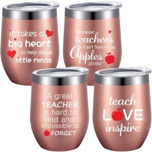 patelai 4 pcs teacher appreciation gift back to school gift personalized thank you teacher coffee mug birthday christmas gifts for women men, 12 oz wine tumbler with straws and brushes (rose gold)