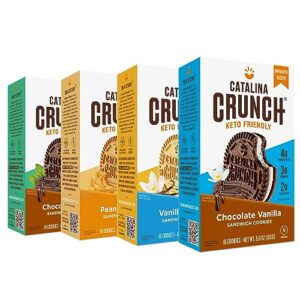catalina crunch sandwich cookies variety pack (4 flavors), chocolate mint, peanut butter, vanilla creme, chocolate vanilla | vegan, low carb, low sugar, protein | keto cookies, snacks
