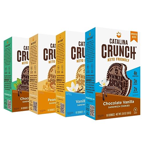 Catalina Crunch Sandwich Cookies Variety Pack (4 Flavors), Chocolate Mint, Peanut Butter, Vanilla Creme, Chocolate Vanilla | Vegan, Low Carb, Low Sugar, Protein | Keto Cookies, Snacks