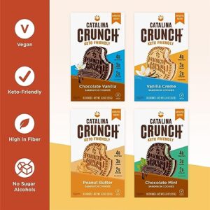 Catalina Crunch Sandwich Cookies Variety Pack (4 Flavors), Chocolate Mint, Peanut Butter, Vanilla Creme, Chocolate Vanilla | Vegan, Low Carb, Low Sugar, Protein | Keto Cookies, Snacks