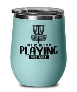 disc golf wine glass, teal wine tumbler, disc golf stainless steel insulated lid wine glass mug cup present idea