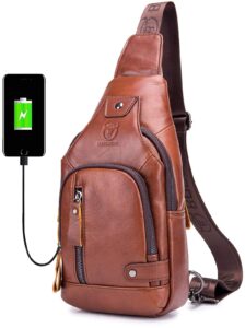 bullcaptain leather sling bag mens chest bag casual shoulder crossbody bags travel hiking backpacks daypack with usb charging port (brown)