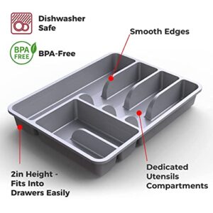 Mueller Flatware Kitchen Drawer Organizer, 10" x 13" Silverware Organizer, 6 Compartments, Heavy-Duty, Cutlery Tray for Utensils or Stuff, Dining Room, Living Room, Compact, Light Grey