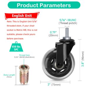 Hirate 3" Office Chair Casters Wheel with 5/16"-18UNC Threaded Stem Mute Gaming Chairs Casters Replacement Safe for Hardwood Tile Floors, Set of 5 with Screw Inserts