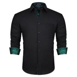 hisdern black green dress shirts for men long sleeve button down shirt black inner paisley contrast mens casual formal tuxedo shirt