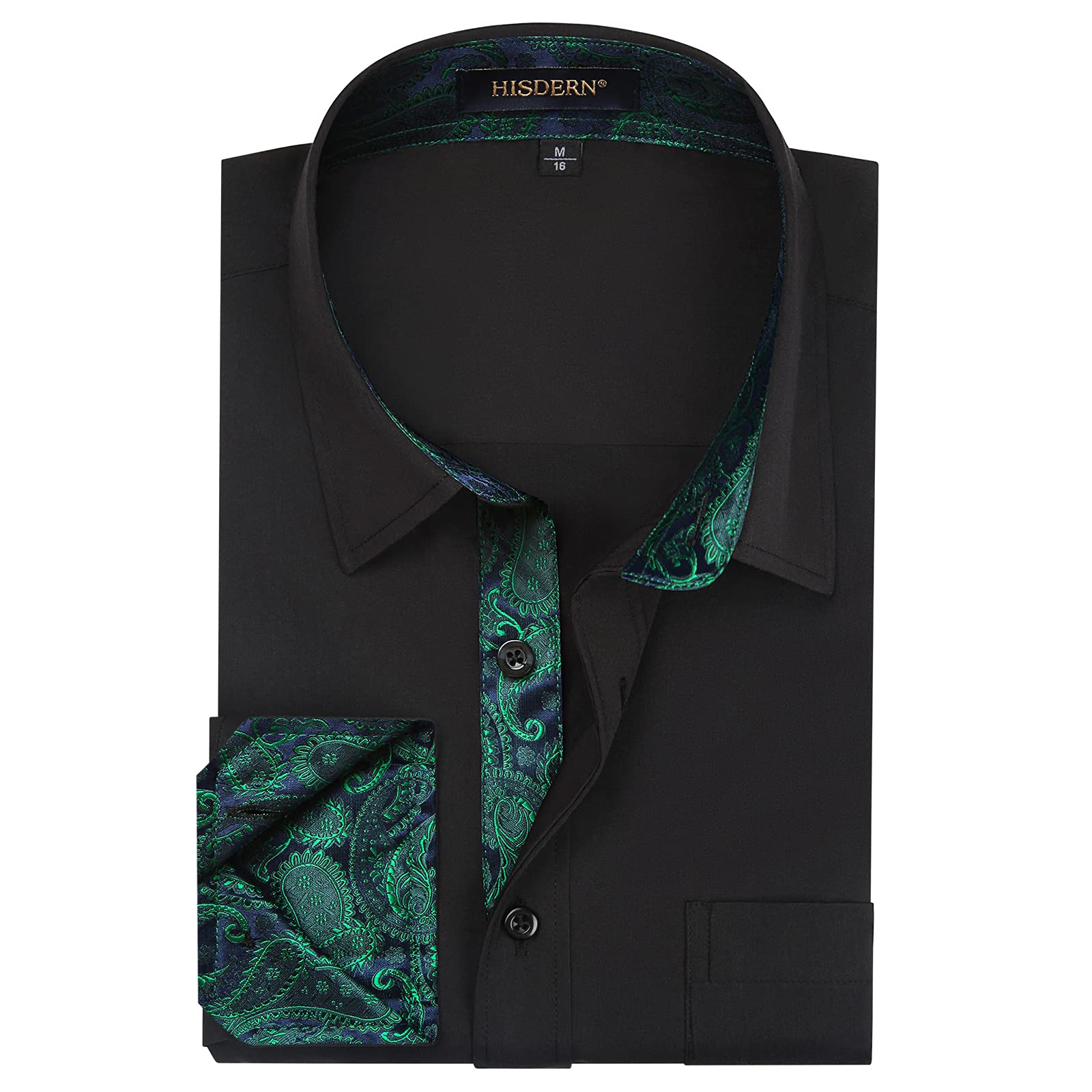 HISDERN Black Green Dress Shirts for Men Long Sleeve Button Down Shirt Black Inner Paisley Contrast Mens Casual Formal Tuxedo Shirt