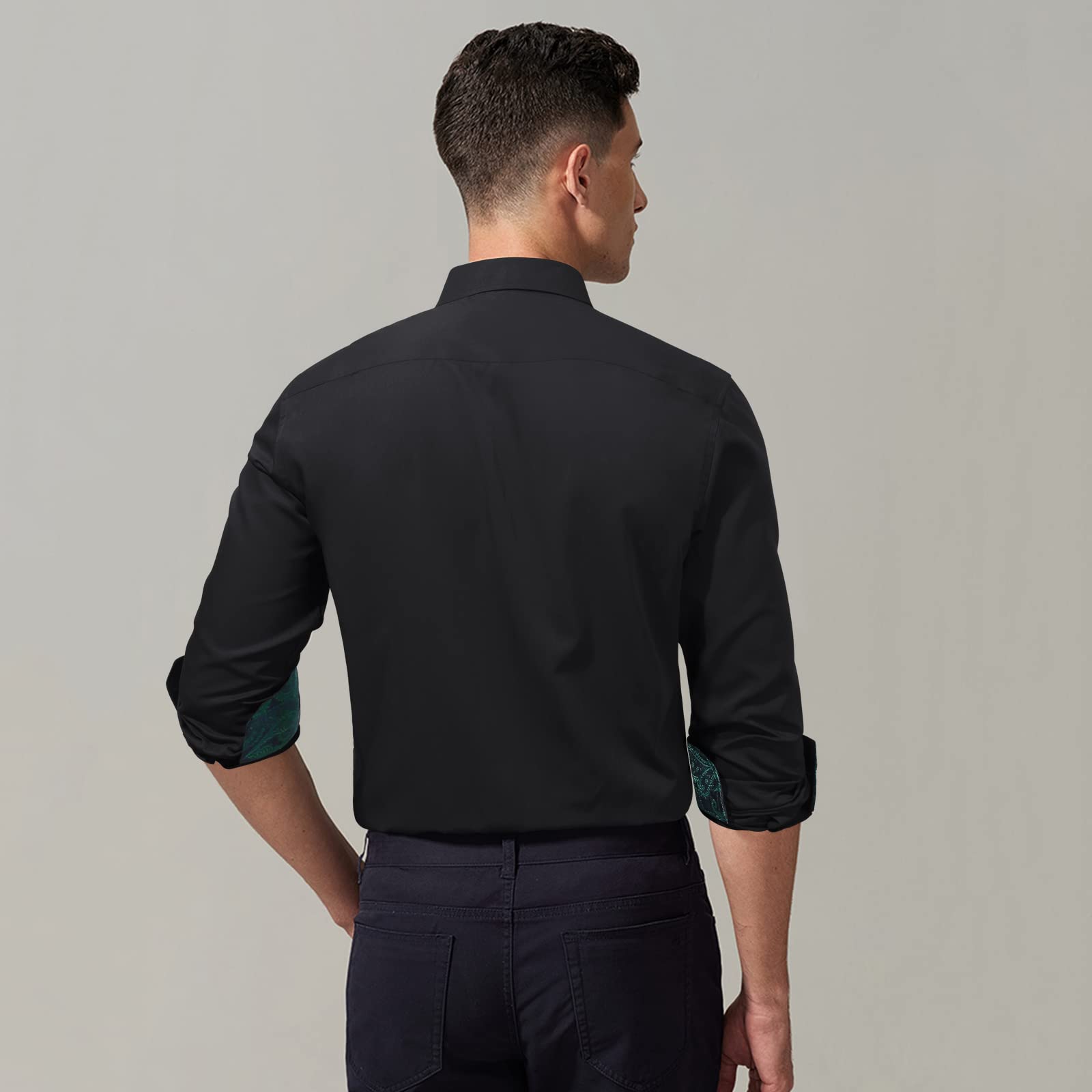 HISDERN Black Green Dress Shirts for Men Long Sleeve Button Down Shirt Black Inner Paisley Contrast Mens Casual Formal Tuxedo Shirt