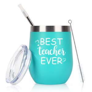 qtencas teacher appreciation gifts, best teacher ever wine tumbler with lid, thank you gifts for teacher women on birthday christmas, 12 oz stainless steel wine tumbler, mint