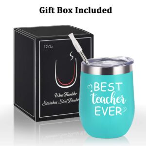 Qtencas Teacher Appreciation Gifts, Best Teacher Ever Wine Tumbler with Lid, Thank You Gifts for Teacher Women on Birthday Christmas, 12 Oz Stainless Steel Wine Tumbler, Mint