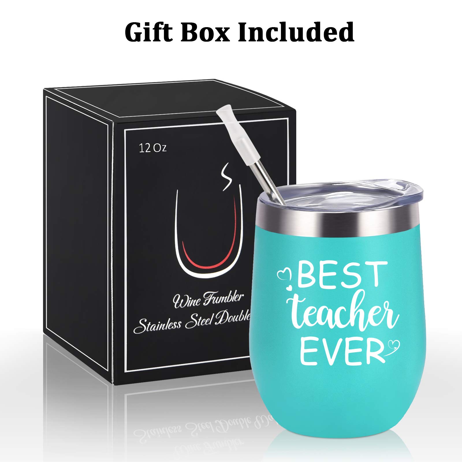 Qtencas Teacher Appreciation Gifts, Best Teacher Ever Wine Tumbler with Lid, Thank You Gifts for Teacher Women on Birthday Christmas, 12 Oz Stainless Steel Wine Tumbler, Mint