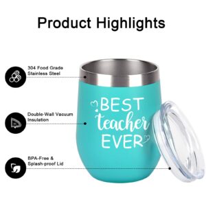 Qtencas Teacher Appreciation Gifts, Best Teacher Ever Wine Tumbler with Lid, Thank You Gifts for Teacher Women on Birthday Christmas, 12 Oz Stainless Steel Wine Tumbler, Mint