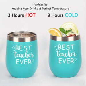 Qtencas Teacher Appreciation Gifts, Best Teacher Ever Wine Tumbler with Lid, Thank You Gifts for Teacher Women on Birthday Christmas, 12 Oz Stainless Steel Wine Tumbler, Mint