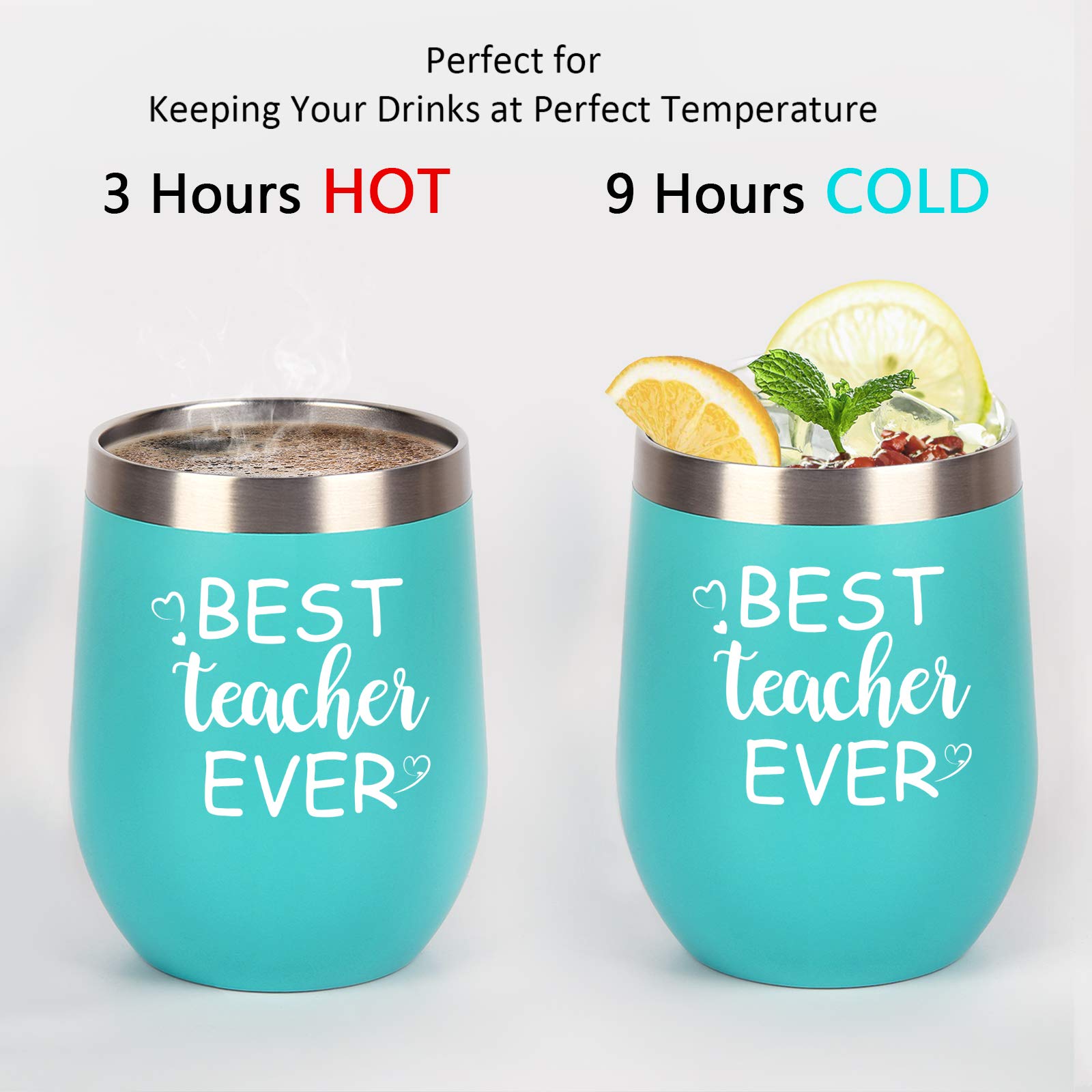 Qtencas Teacher Appreciation Gifts, Best Teacher Ever Wine Tumbler with Lid, Thank You Gifts for Teacher Women on Birthday Christmas, 12 Oz Stainless Steel Wine Tumbler, Mint