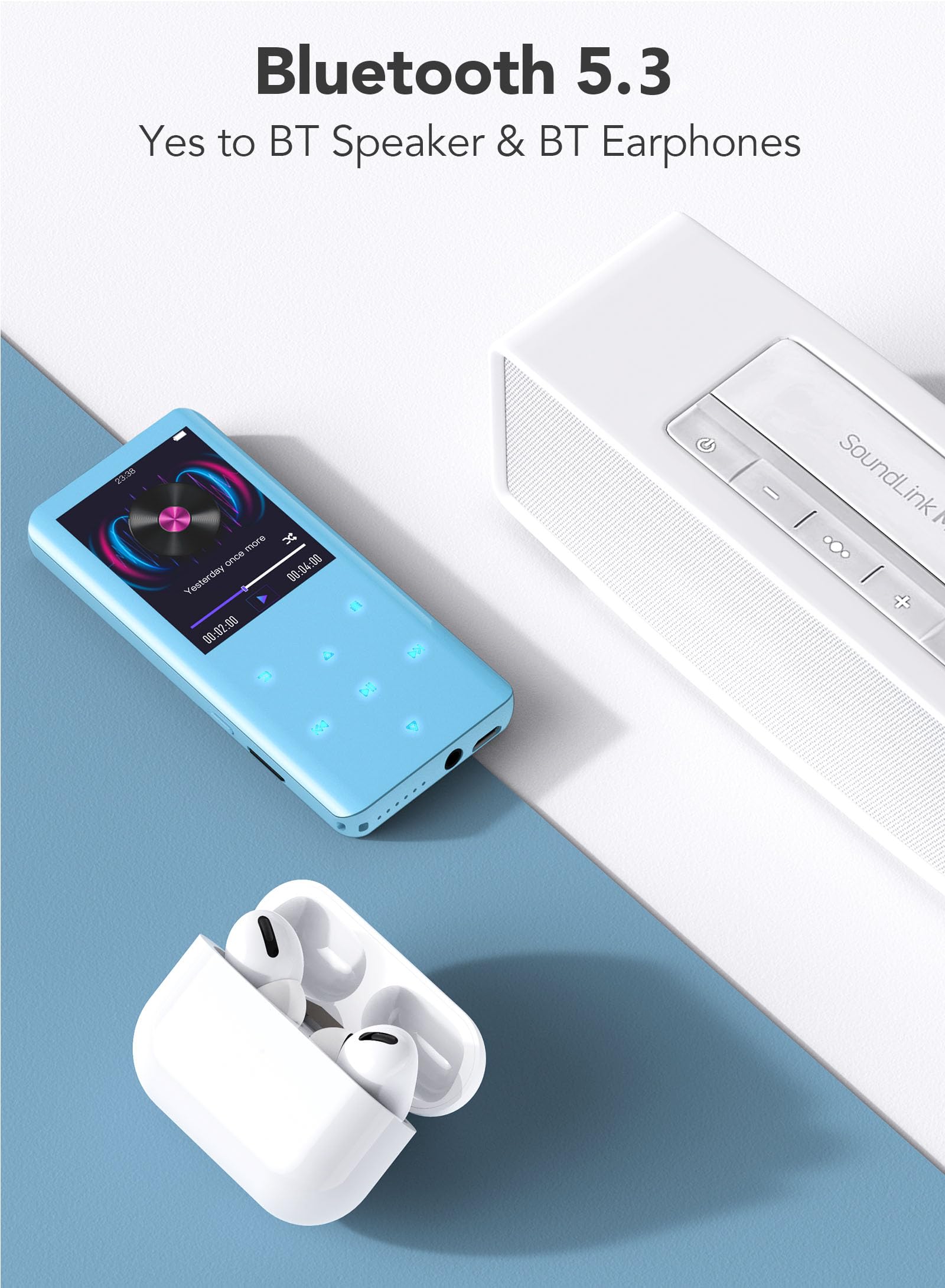 MP3 Player with Bluetooth 5.3, AGPTEK A19X 2.4" Curved Screen Portable Music Player with Speaker Lossless Sound with FM Radio, Voice Recorder, Built in 32GB, Supports up to 128GB, Blue