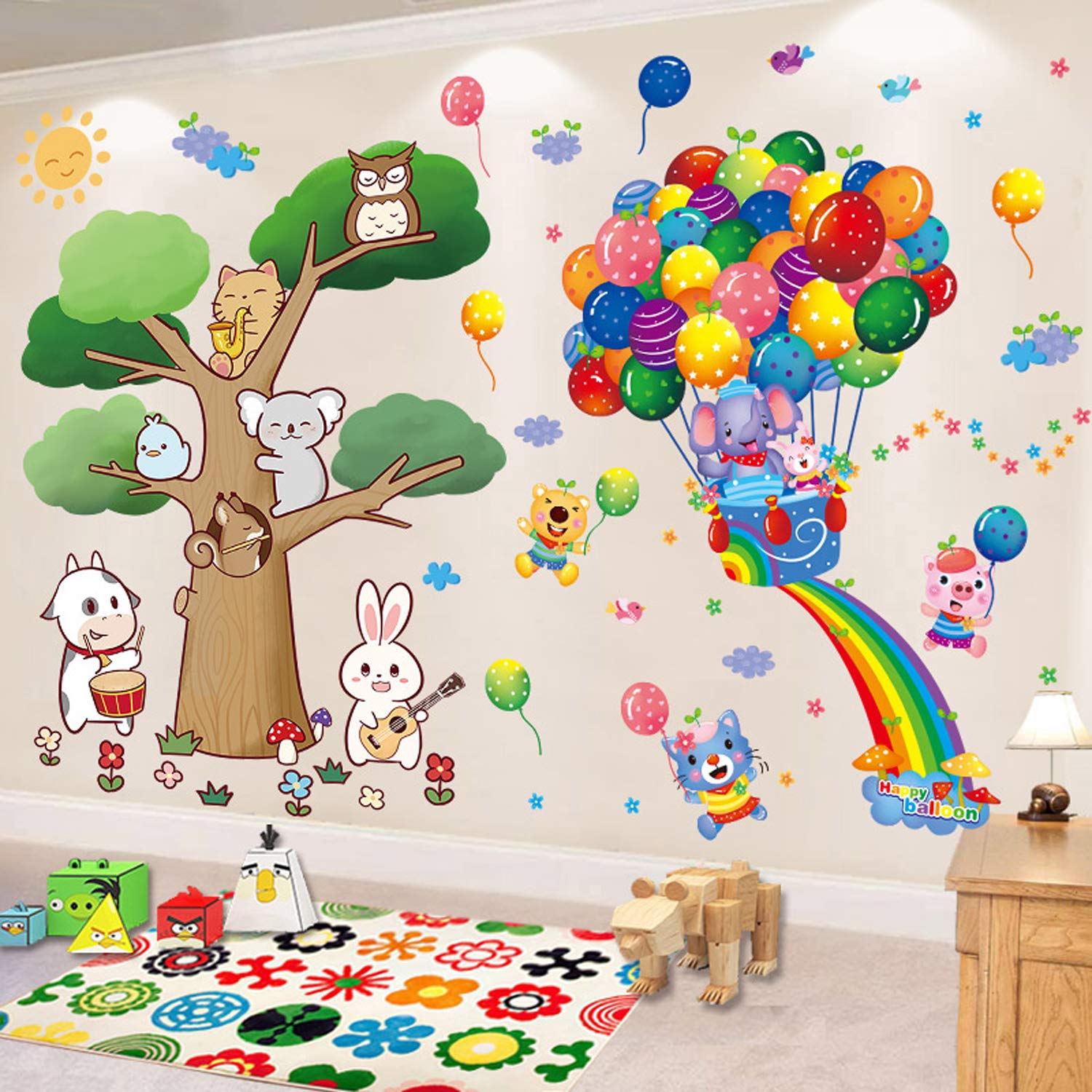 Animal Wall Sticker Cartoon Baby Children DIY Art Decal Self-Adhesive Wallpaper Mural Decorate for Living Room TV Sofa Background Bedroom Kids Room Nursery