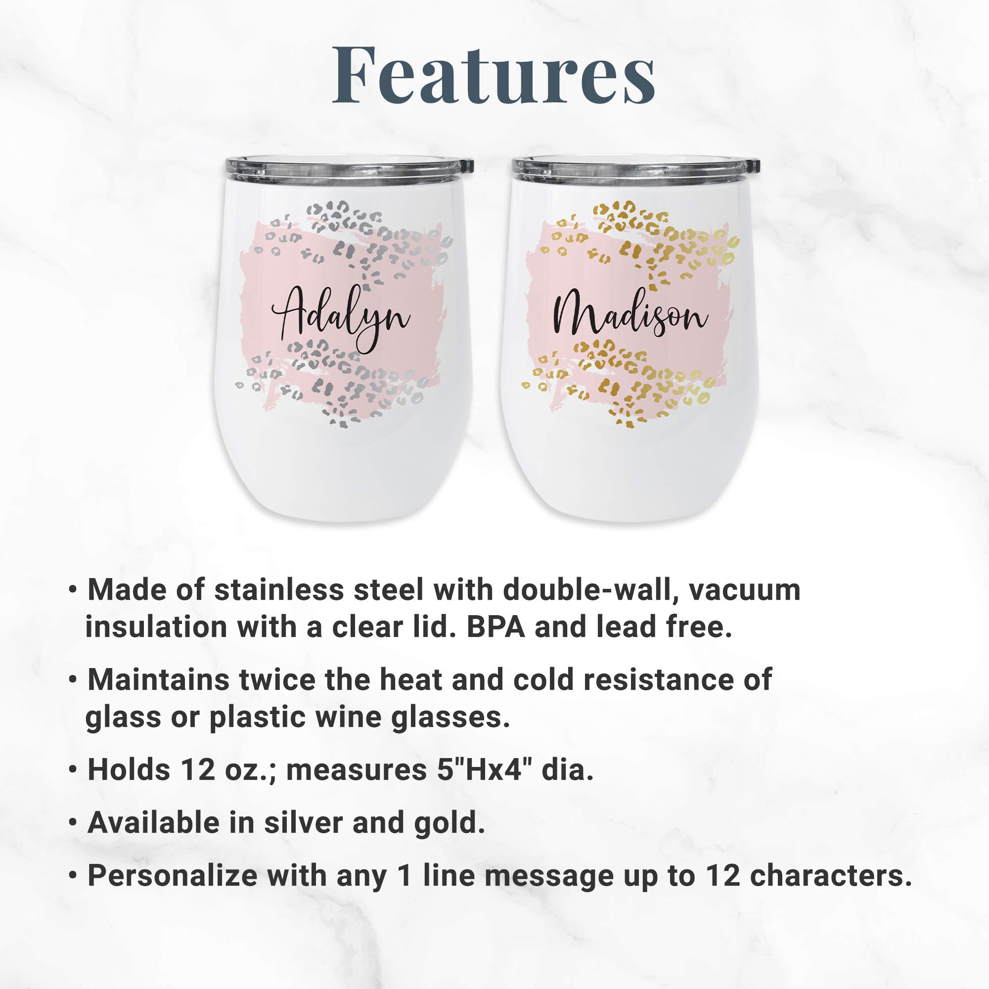 Let's Make Memories Personalized Metallic Leopard Wine Tumblers - 12 Oz. - Made of Stainless Steel - BPA Free - Gold