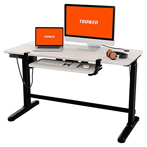 Truweo Adjustable Electric Standing Desk – 50 x 23.6 inches Sit to Stand Office Desk with Cable and Sliding Keyboard Tray – 3 Controlled Memory Height Settings – Anti-Scratch Surface – Grey