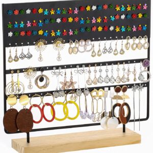 Sooyee Metal Earring Holder and Jewelry Organizer,Jewelry Rack Display Classic Stand with Wood Base Tray,6 Layer 144 Holes for Hanging Earrings Piercings,Ear Stud,Black