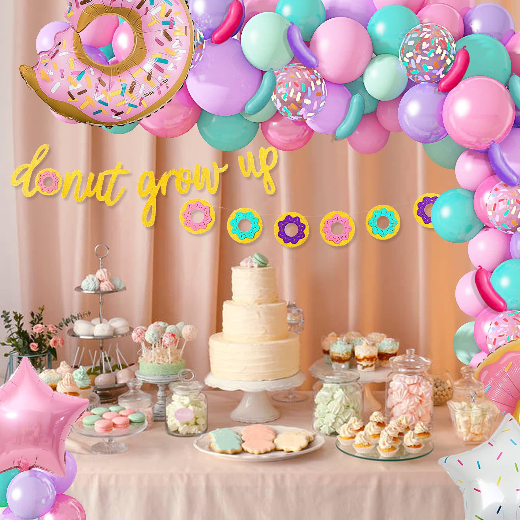 Donut Birthday Party Decorations, 116Pcs Donut Balloons Garland Grow Up Party Supplies Donut Banner Pink Blue Confetti Pearlescent Foil Balloons for Sweet Birthday Party Baby Shower Decorations