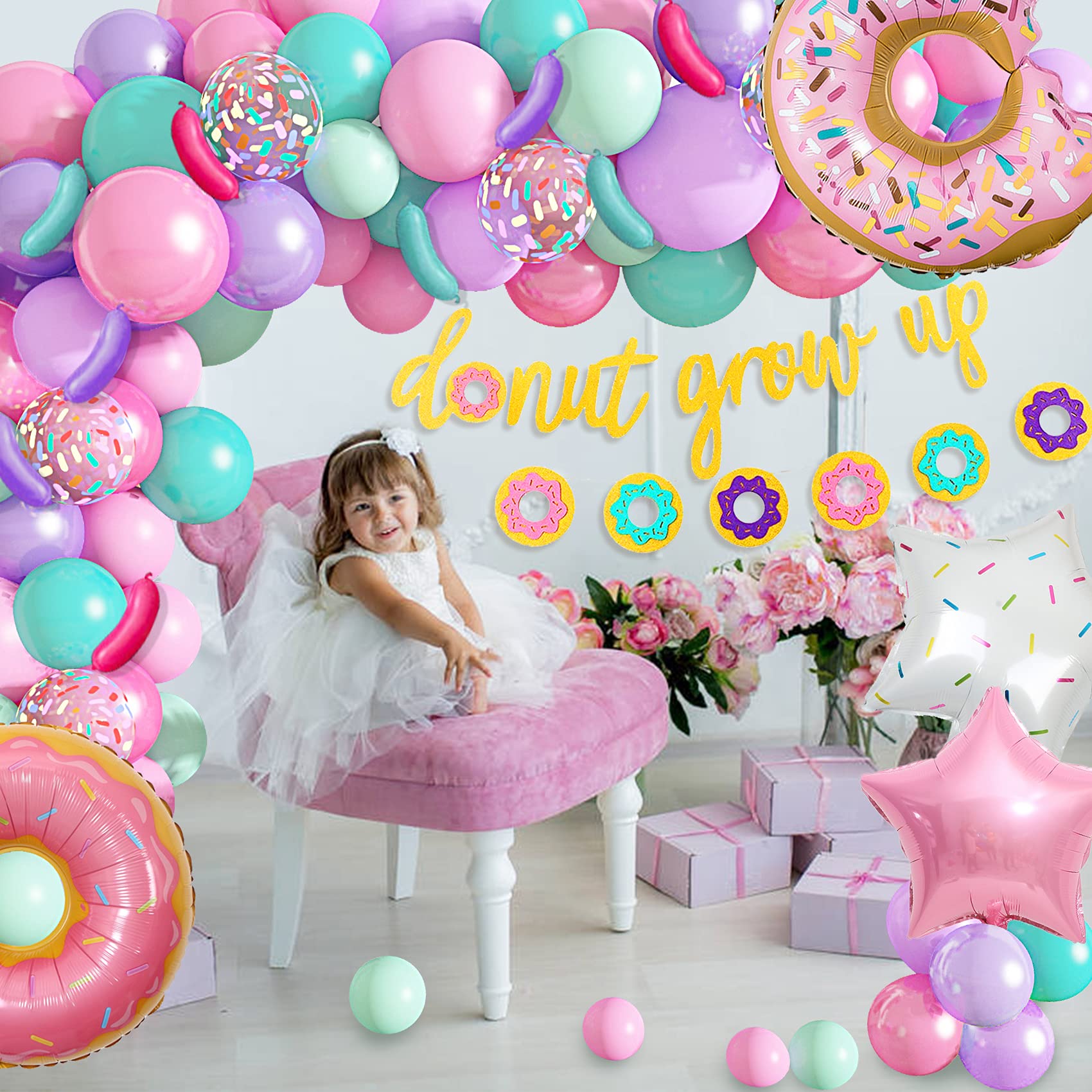 Donut Birthday Party Decorations, 116Pcs Donut Balloons Garland Grow Up Party Supplies Donut Banner Pink Blue Confetti Pearlescent Foil Balloons for Sweet Birthday Party Baby Shower Decorations