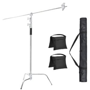 sokani c stand with boom arm [2023 new upgrade version] 100% metal max 10.8ft/330cm adjustable reflector stand 4.2ft/128cm holding arm and 2 pieces grip head, bag sandbag, fish mouth clip included
