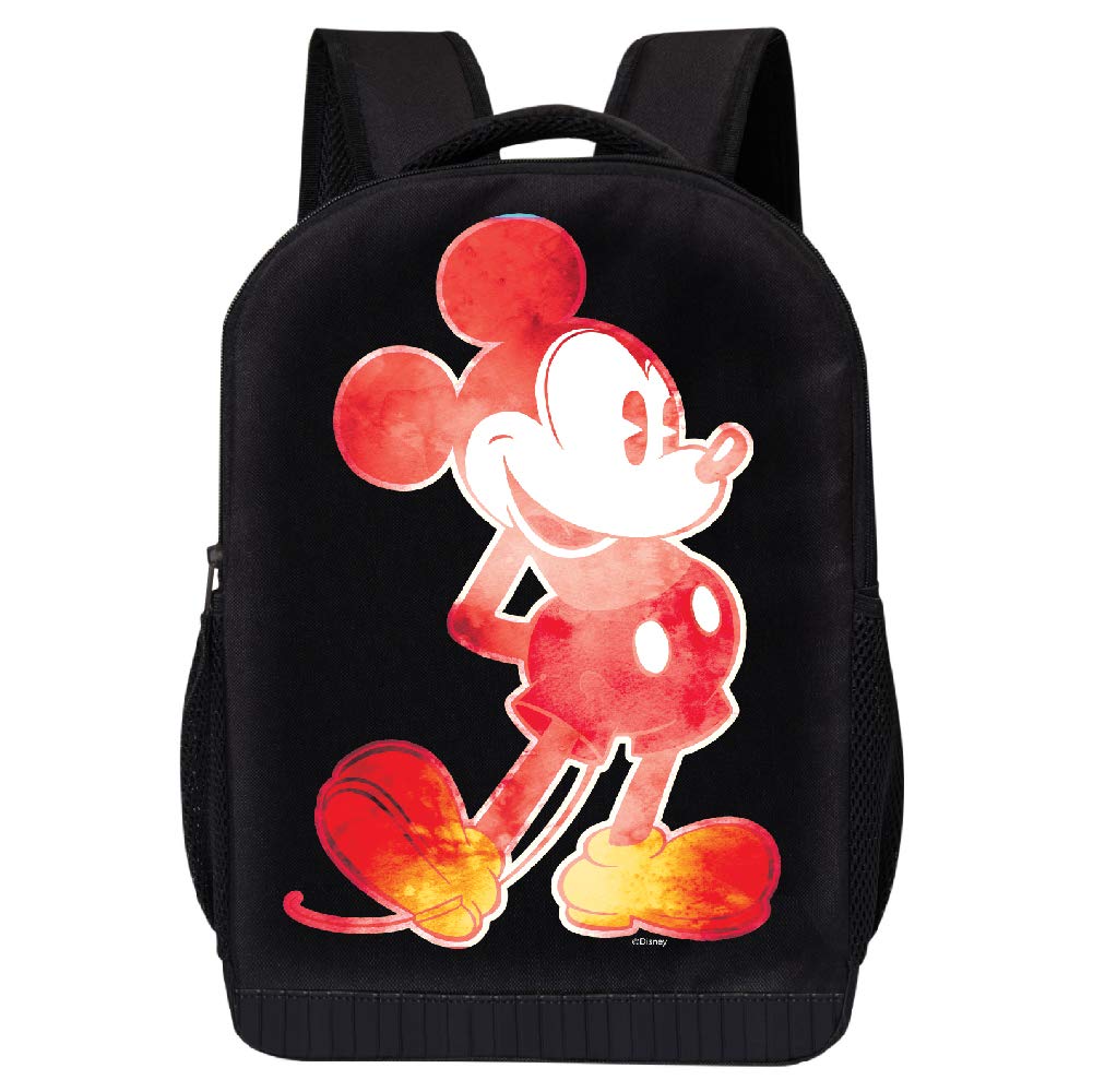 Disney Mickey Mouse Black Backpack - Red and Yellow Mickey Mouse 17 Inch Air Mesh Padded Bag (Red and Yellow Watercolor)