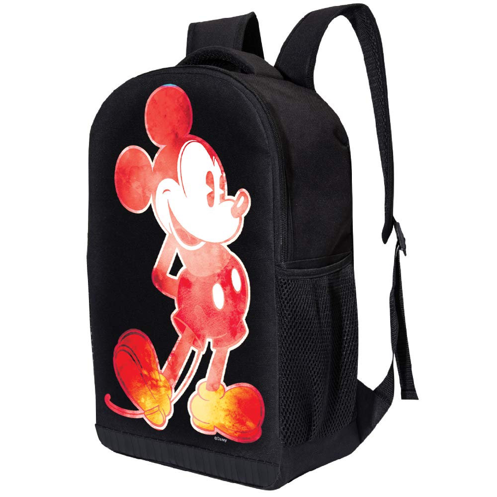 Disney Mickey Mouse Black Backpack - Red and Yellow Mickey Mouse 17 Inch Air Mesh Padded Bag (Red and Yellow Watercolor)