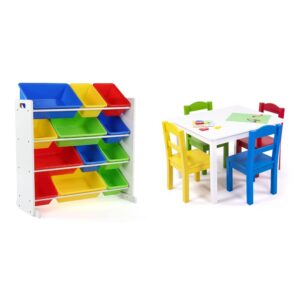 humble crew, white/primary kids wood table and 4 chairs set &, white/primary kids' toy storage organizer with 12 plastic bins