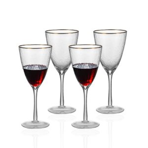 1500° c tabletop wine glasses set of 4, 12 oz. long stemmed gold rim hammered glasses for white and red wine