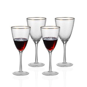 1500° C TABLETOP Wine Glasses Set of 4, 12 oz. Long Stemmed Gold Rim Hammered Glasses for White and Red Wine