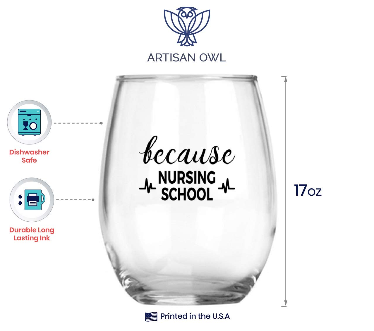 Artisan Owl Because Nursing School - Funny Nurse Gift for RN LPN CNA LVN - Large 17oz Stemless Wine Glass