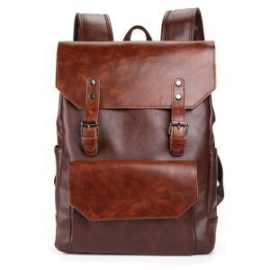 weecoc vintage leather backpack casual daypack for men women laptop bag satchel bags unisex satchel bags classic style (brown)