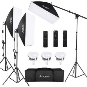 andoer softbox photography lighting kit professional studio equipment with 20"x28" softbox, 2800-5700k 85w bi-color temperature bulb with remote, light stand, boom arm for portrait product shooting