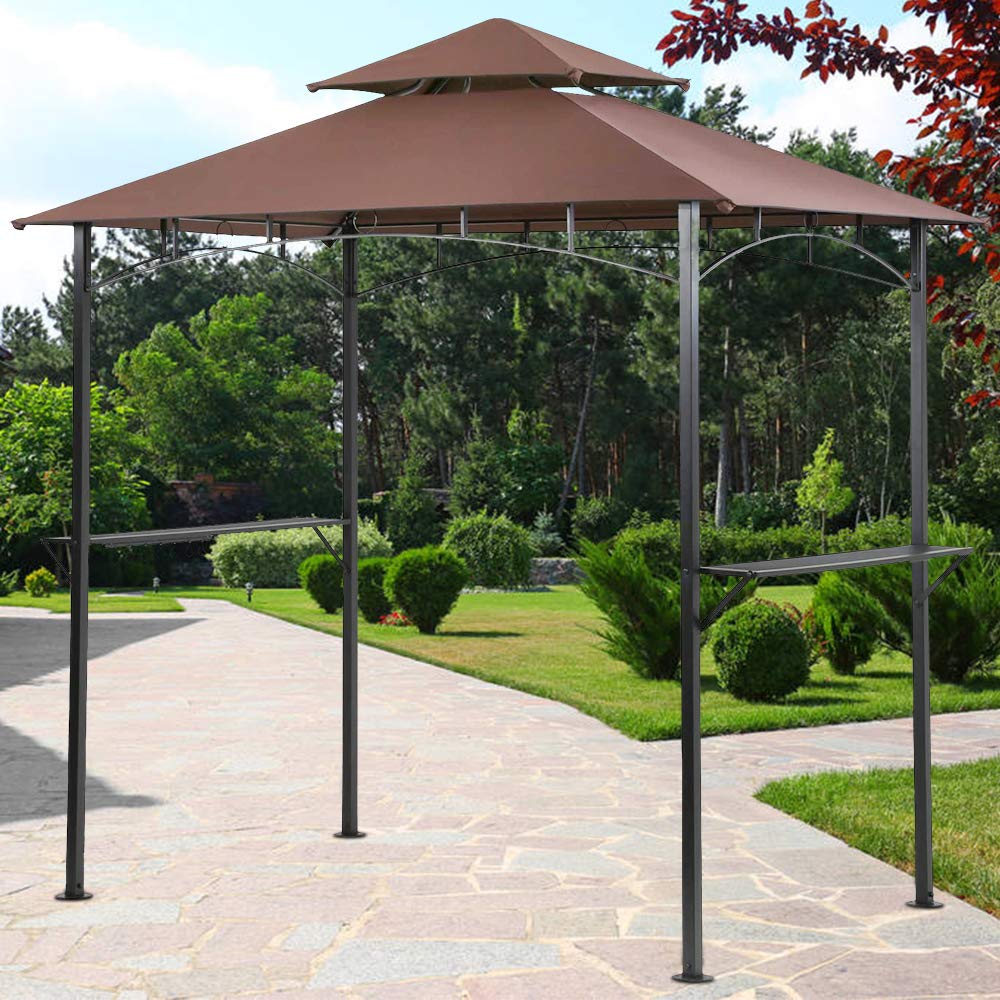 Gazebo Canopy Tent Grill Gazebo Patios Tent Outdoor Patio Shelter 8' X 5' Outdoor Heavy Duty Shelter Picnic BBQ Gazebo Double Canopy with Durable Steel Frame for Patio, Garden, Event - Brown