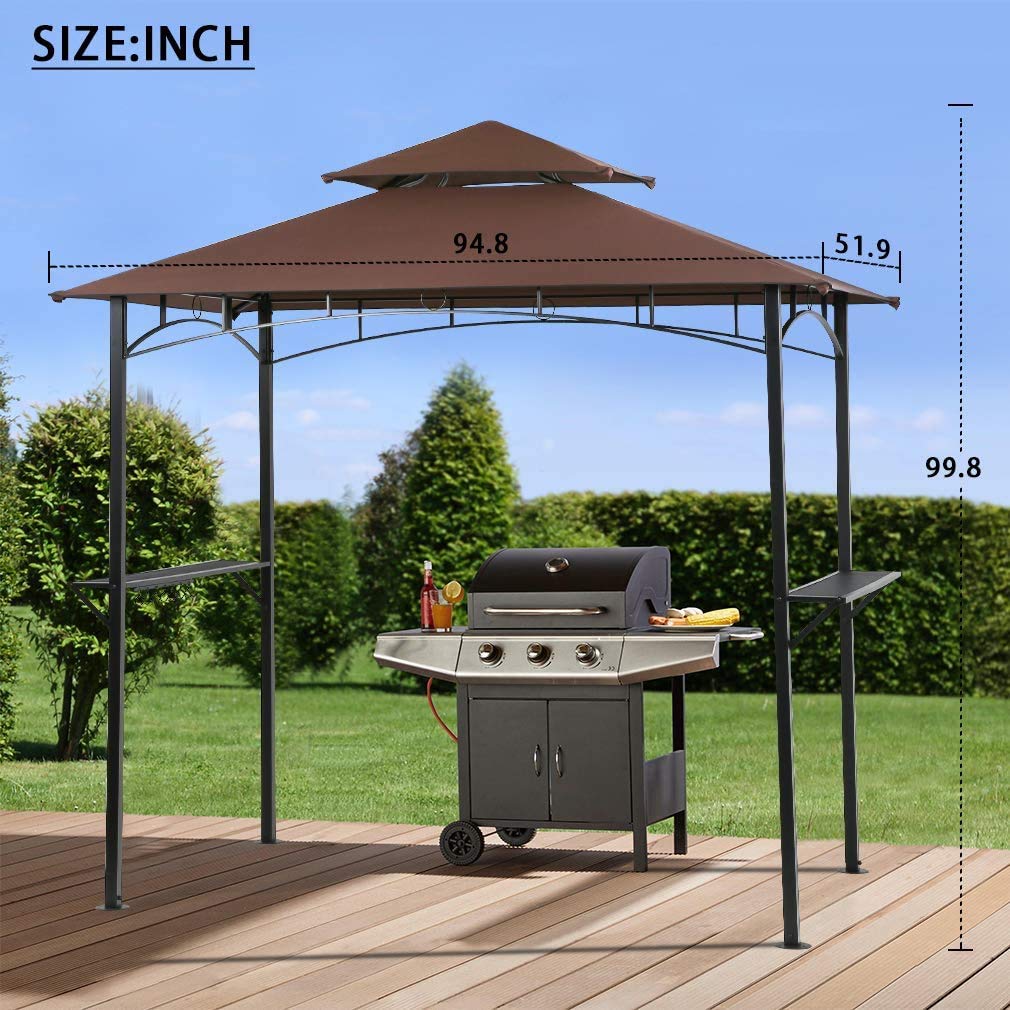 Gazebo Canopy Tent Grill Gazebo Patios Tent Outdoor Patio Shelter 8' X 5' Outdoor Heavy Duty Shelter Picnic BBQ Gazebo Double Canopy with Durable Steel Frame for Patio, Garden, Event - Brown