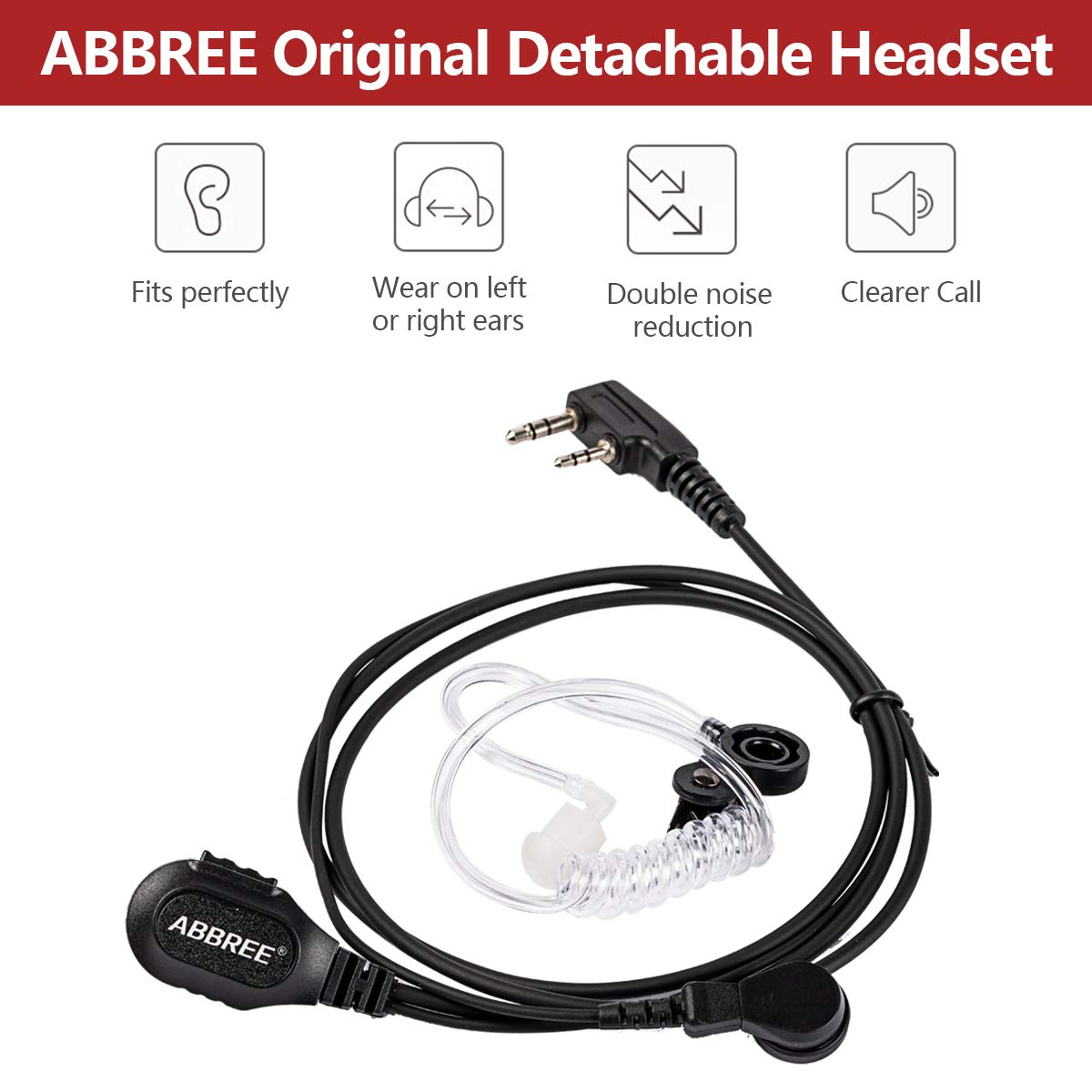 BAOFENG ABBREE Original 2-Pin Detachable Headset Air Acoustic Tube Two Way Radio Earpiece UV-5R BF-888S BF-F8HP 5RM UV-5G Plus UV-21R UV-17R GM-5RH GM-15 PRO K5PLUS Walkie Talkie (2Pack)