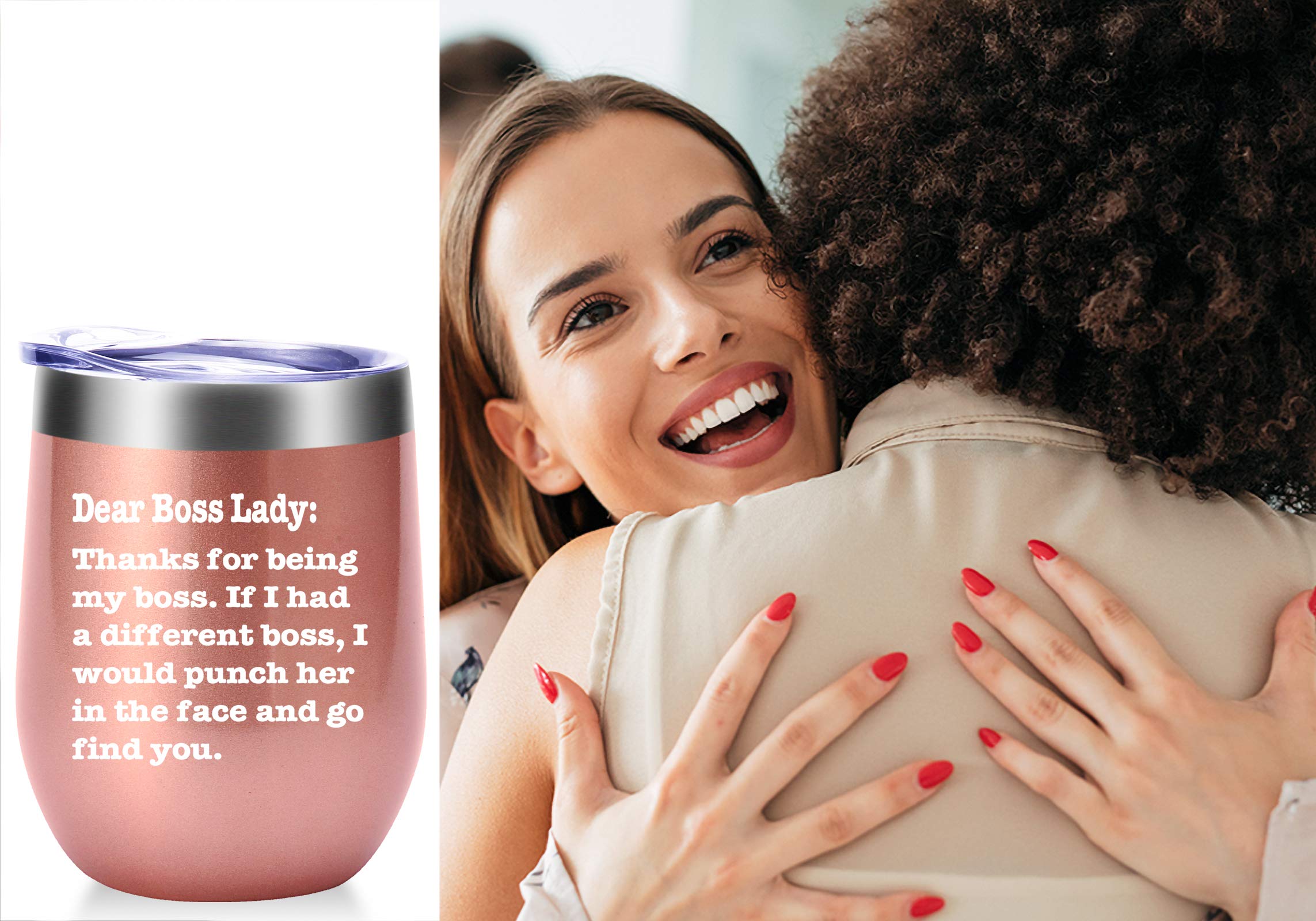 AMZUShome Thanks For Being My Boss Lady Mug.Boss Day Gifts Office Gifts.Moving Appreciation Retirement Birthday Christmas Gifts For Female Women Boss Lady Wine Tumbler(12oz Rose Gold)