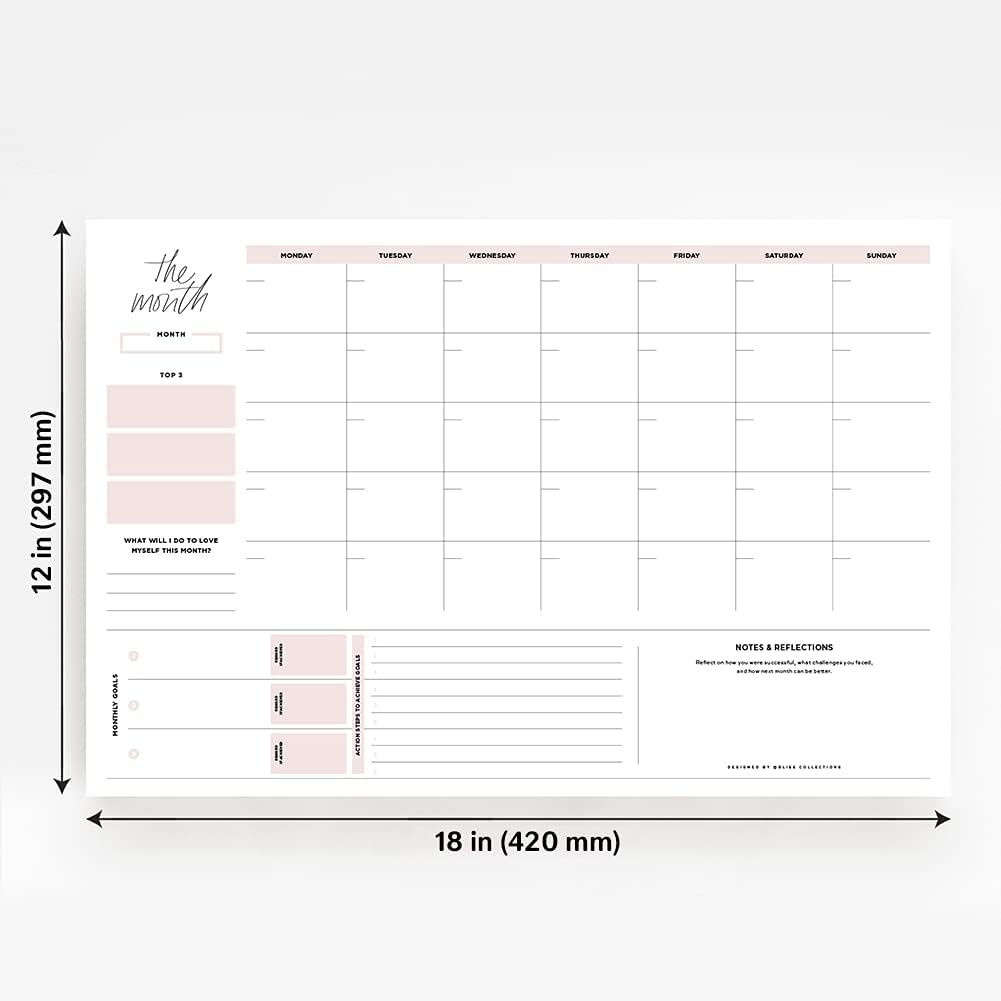 Bliss Collections Monthly Planner, Simple Pink Self-Care, Undated Desk Calendar and Planner for Organizing and Scheduling Tasks, Productivity Tracker, Goals, Notes and To-Do Lists, 12"x18" (18 Sheets)