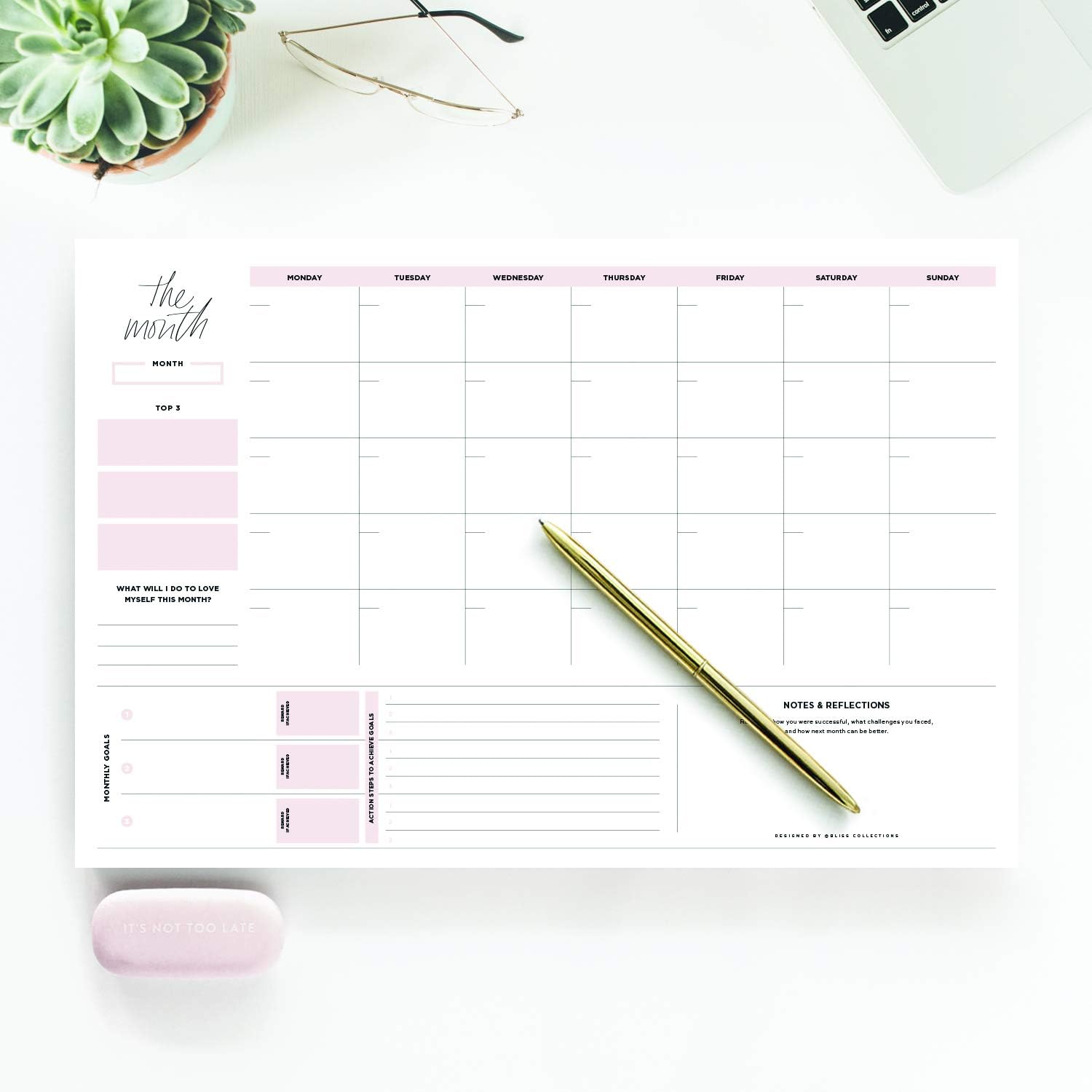 Bliss Collections Monthly Planner, Simple Pink Self-Care, Undated Desk Calendar and Planner for Organizing and Scheduling Tasks, Productivity Tracker, Goals, Notes and To-Do Lists, 12"x18" (18 Sheets)