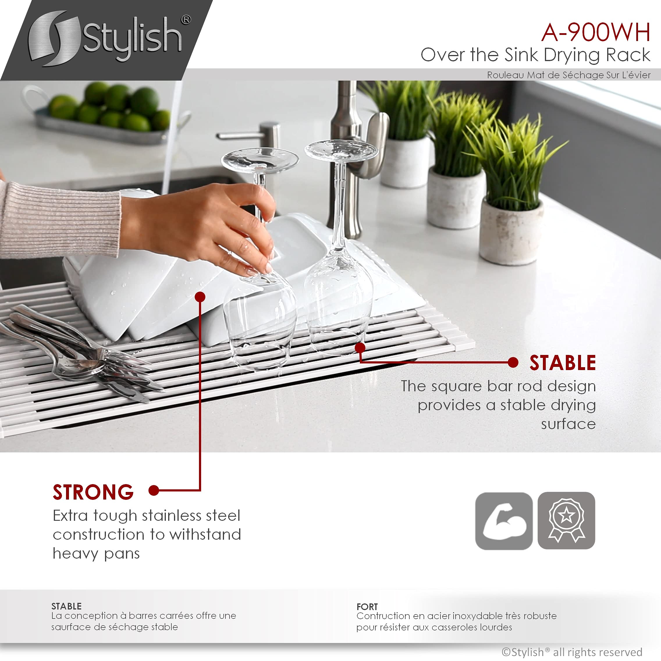 STYLISH Over The Sink Roll-Up Dish Drying Rack | Trivet | Heat Resistant | Drying Dishes and Rinsing Vegetables | White | A-900WH (White) Visit The Store