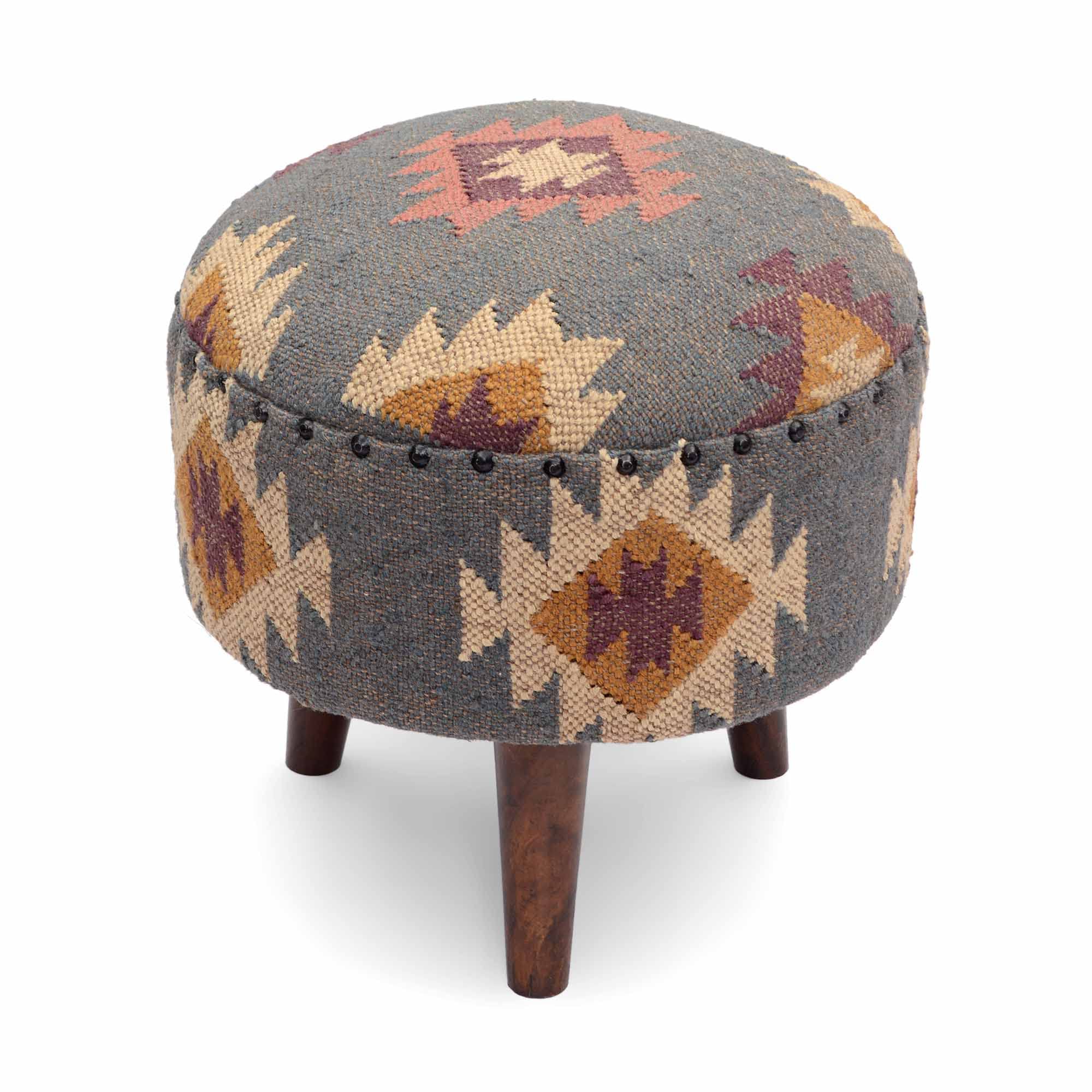 NATURAL FURNISH Handmade Kilim Jute Pouf Ottomans Wooden Seating Stool for Living Room, Bedroom (16" D x 16" W x 16" H) (Grey)