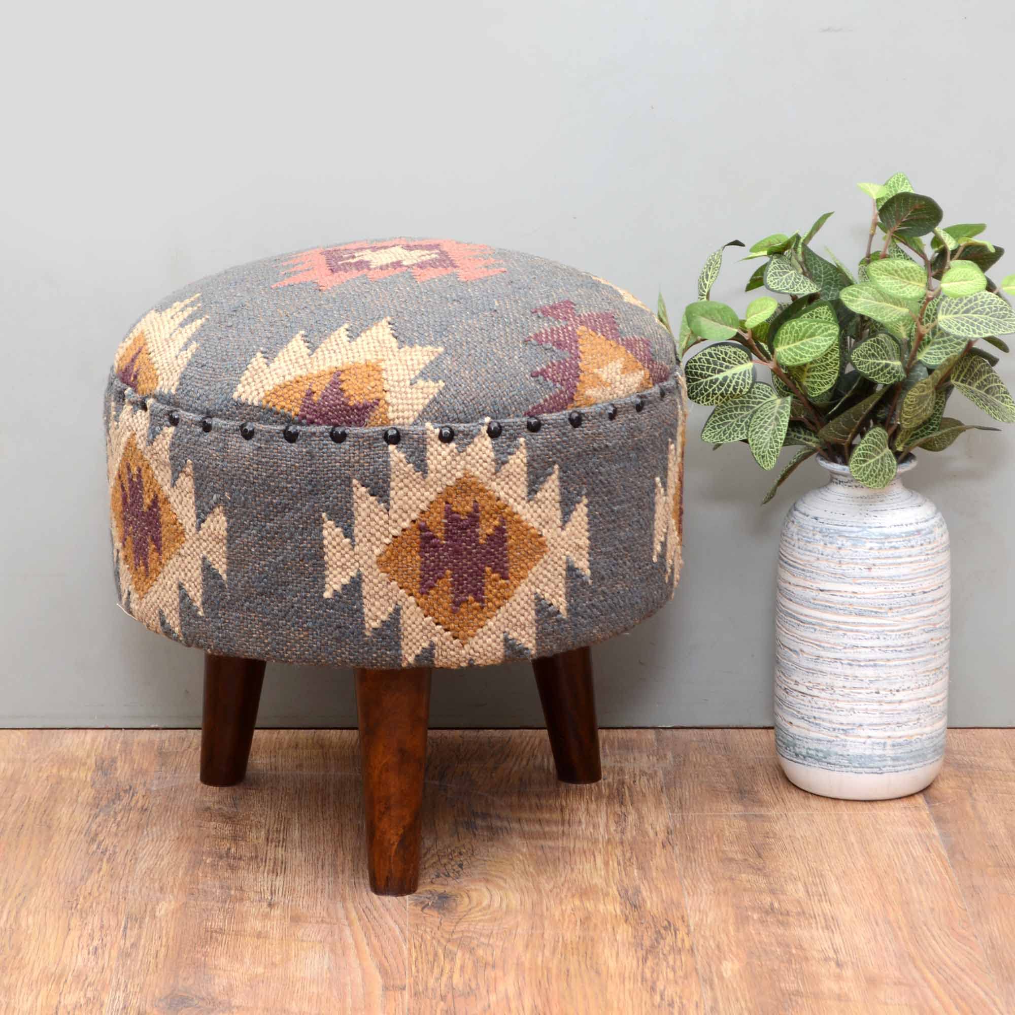 NATURAL FURNISH Handmade Kilim Jute Pouf Ottomans Wooden Seating Stool for Living Room, Bedroom (16" D x 16" W x 16" H) (Grey)