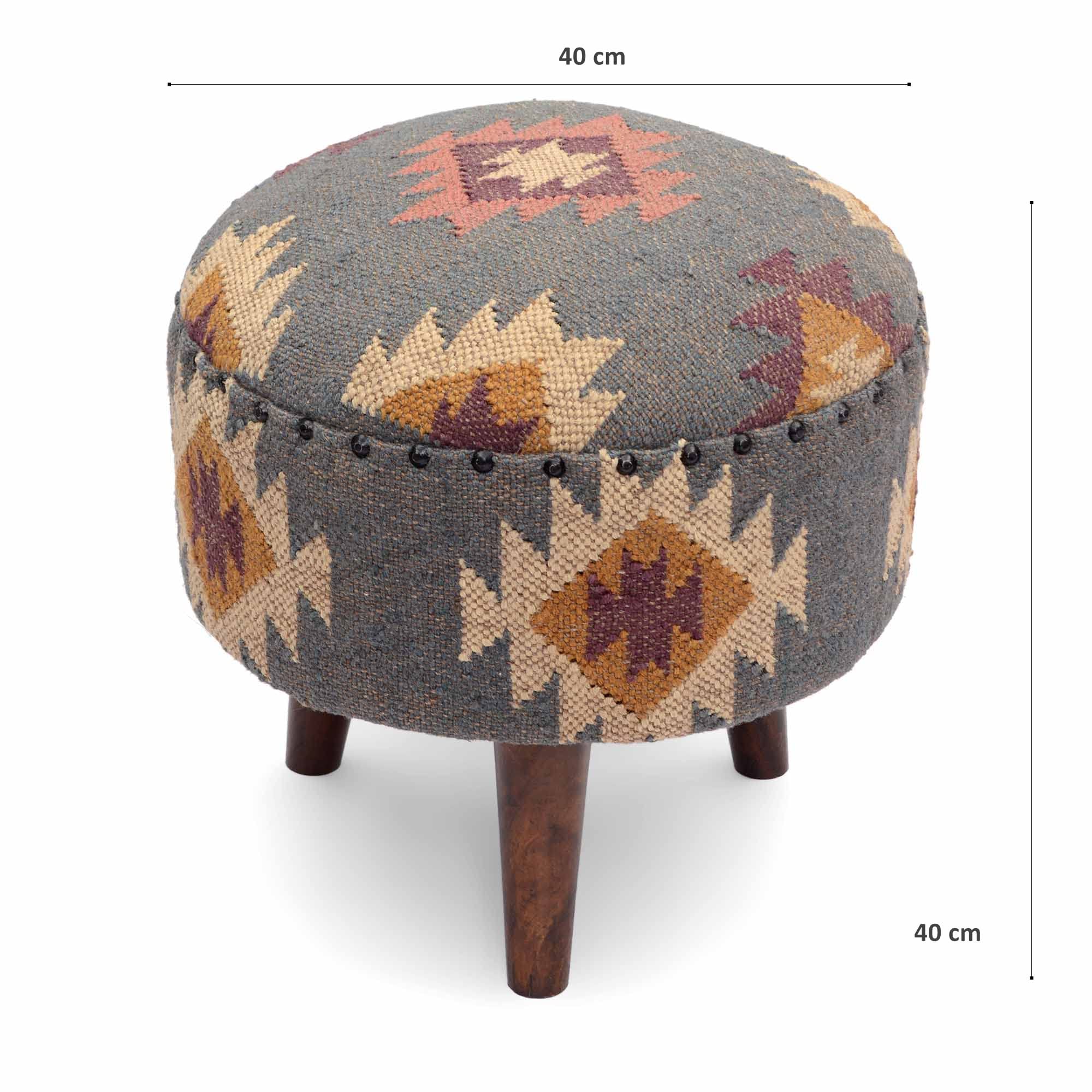 NATURAL FURNISH Handmade Kilim Jute Pouf Ottomans Wooden Seating Stool for Living Room, Bedroom (16" D x 16" W x 16" H) (Grey)