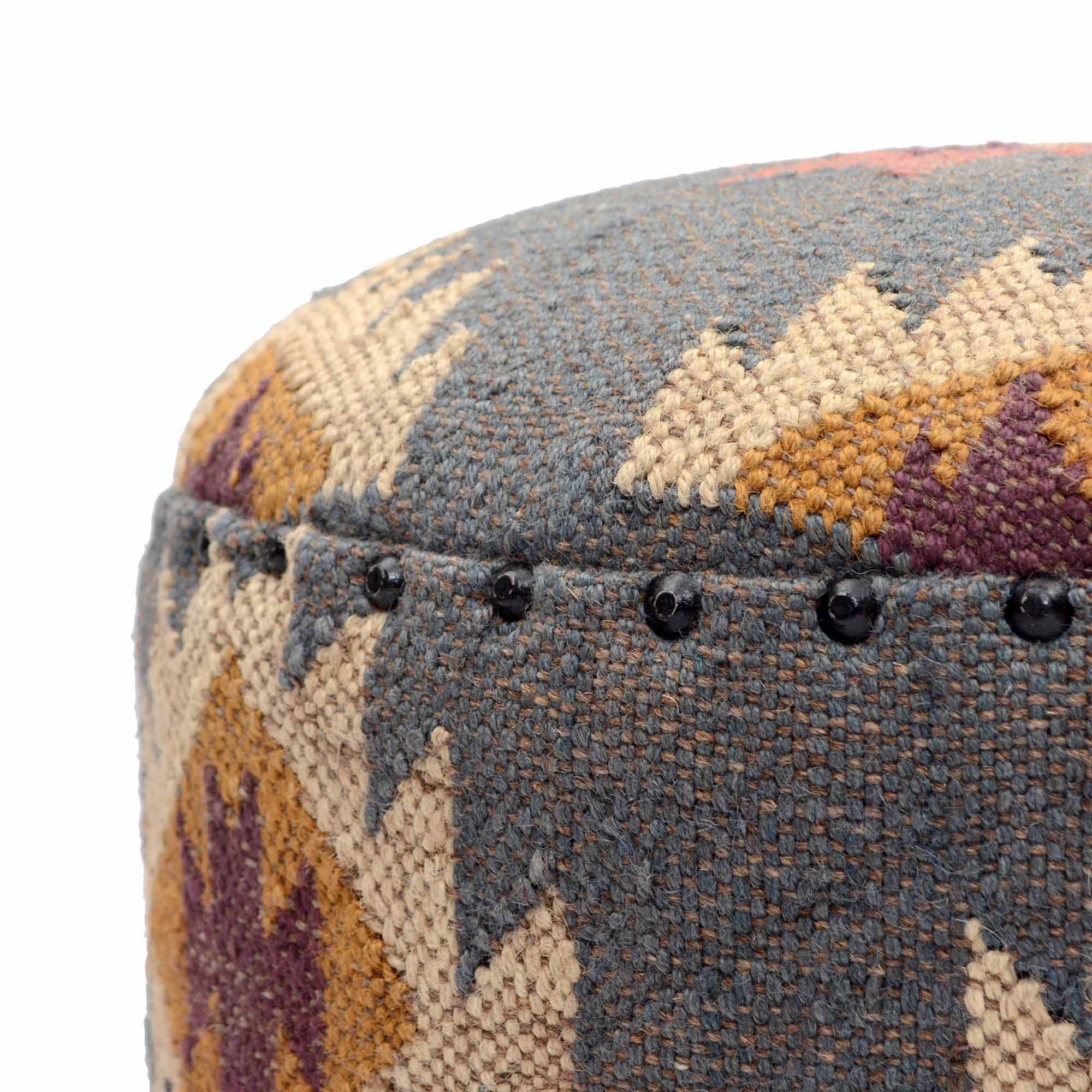 NATURAL FURNISH Handmade Kilim Jute Pouf Ottomans Wooden Seating Stool for Living Room, Bedroom (16" D x 16" W x 16" H) (Grey)