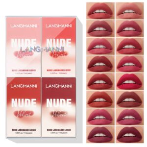 LANGMANNI Matte Liquid Lipstick Makeup Set Velvety Liquid Lipstick Long Lasting Durable Nude Lip Gloss Beauty Cosmetics Set for Girls and Women (16Pcs set)