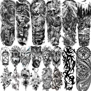 vantaty 20 sheets extra large full arm temporary tattoos for men adults, tiger snake leopard lion king temporary tattoos sleeve for women, temp waterproof fake tattoo stickers for kids warrior tatoos
